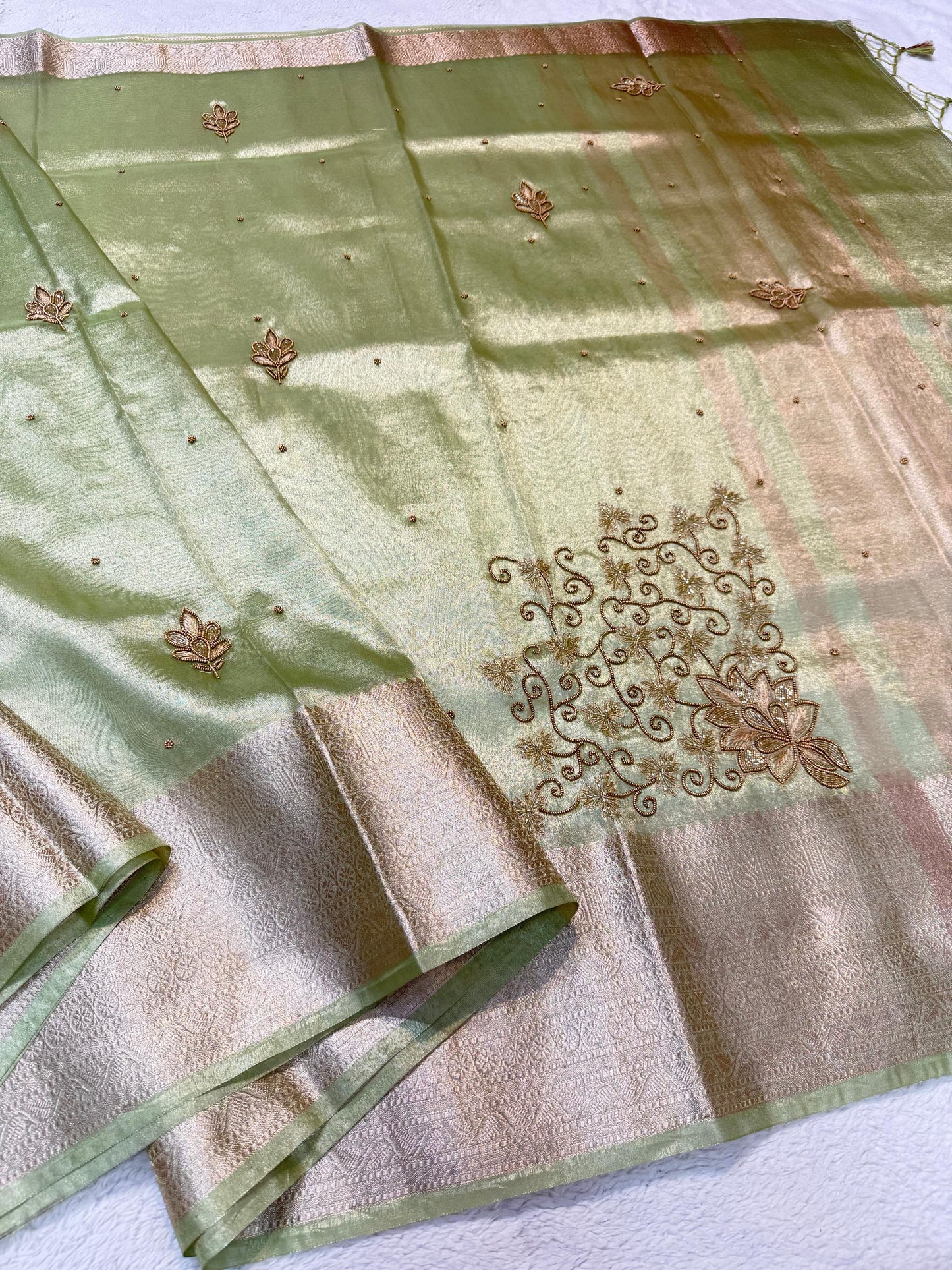 Pista Green Tissue Designer Handwork Premium Banarasi Saree