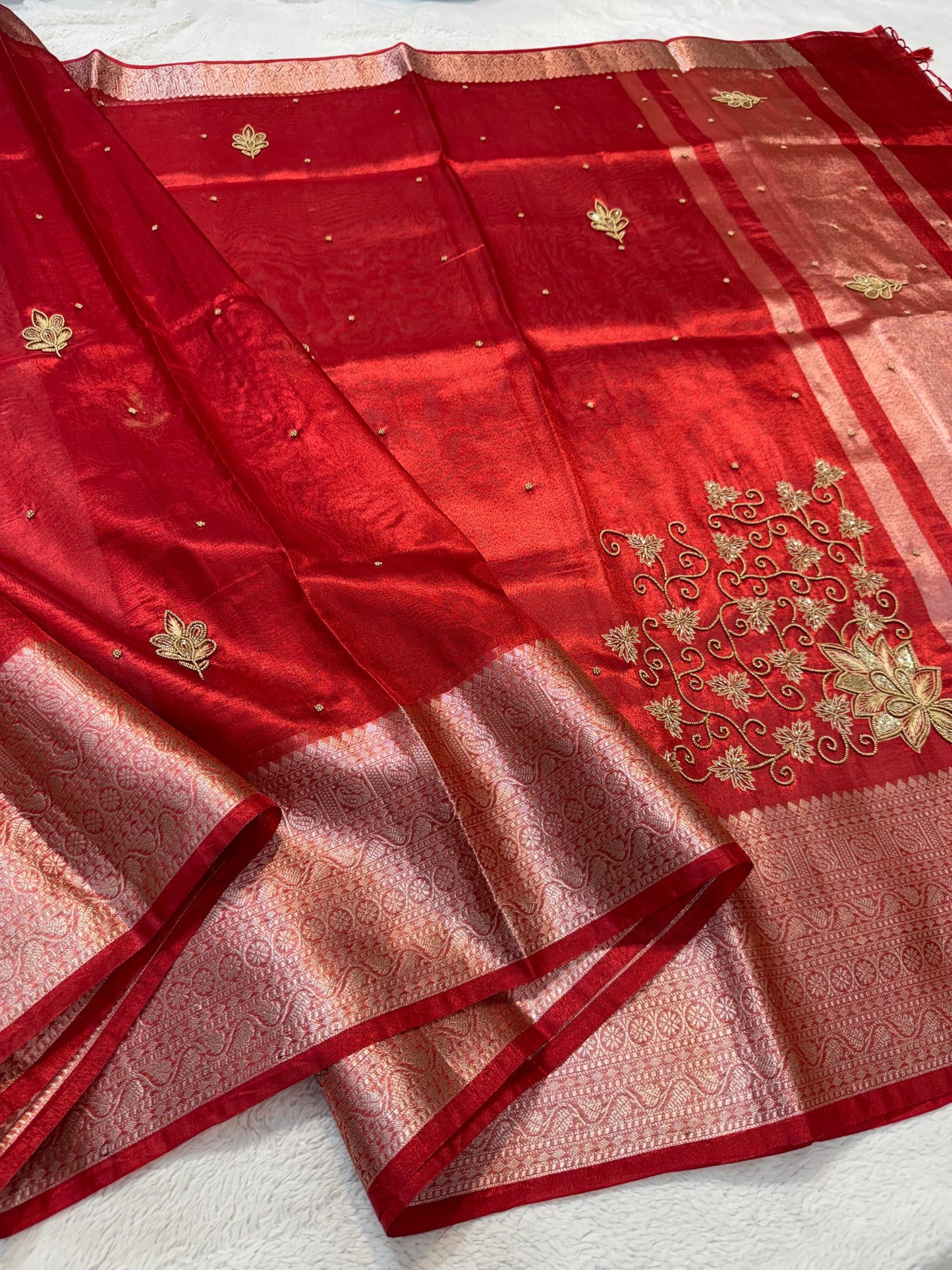 Red Tissue Designer Handwork Premium Banarasi Saree