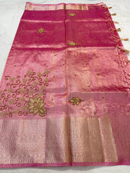Pink Tissue Designer Handwork Premium Banarasi Saree