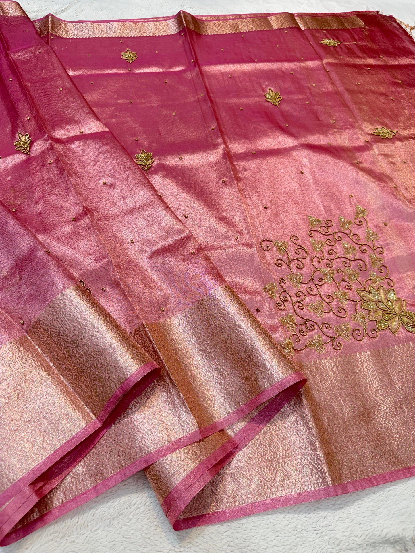 Pink Tissue Designer Handwork Premium Banarasi Saree