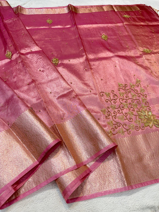 Pink Tissue Designer Handwork Premium Banarasi Saree