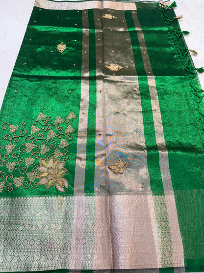 Bottle Green Tissue Designer Handwork Premium Banarasi Saree
