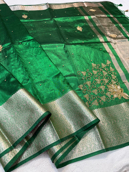 Bottle Green Tissue Designer Handwork Premium Banarasi Saree