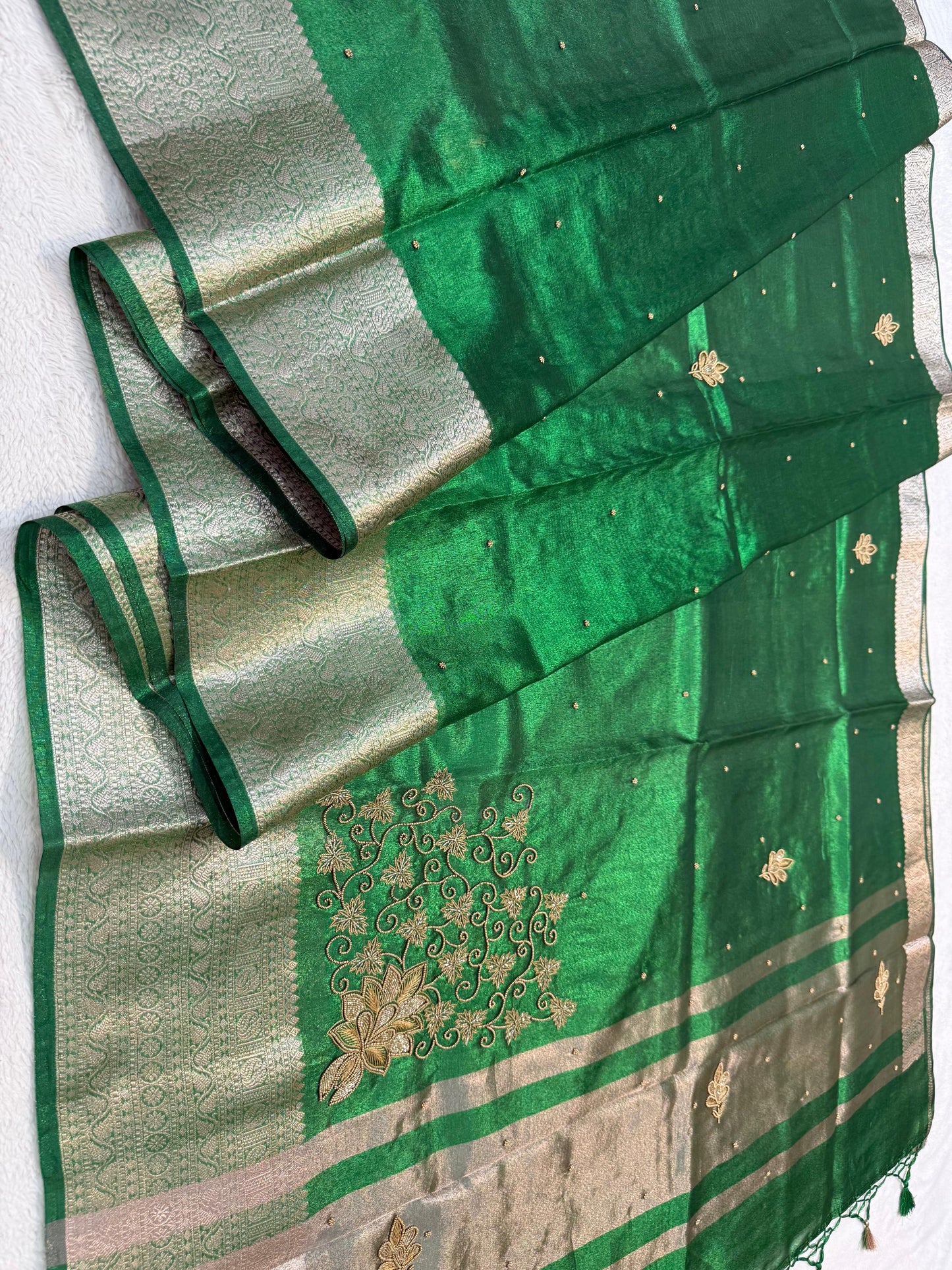 Bottle Green Tissue Designer Handwork Premium Banarasi Saree