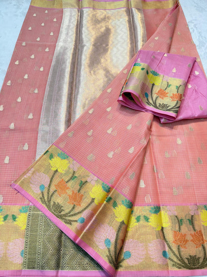 Peach Cotton Kota Paithani Border Premium Banarasi Saree
