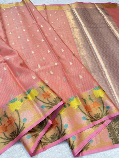 Peach Cotton Kota Paithani Border Premium Banarasi Saree