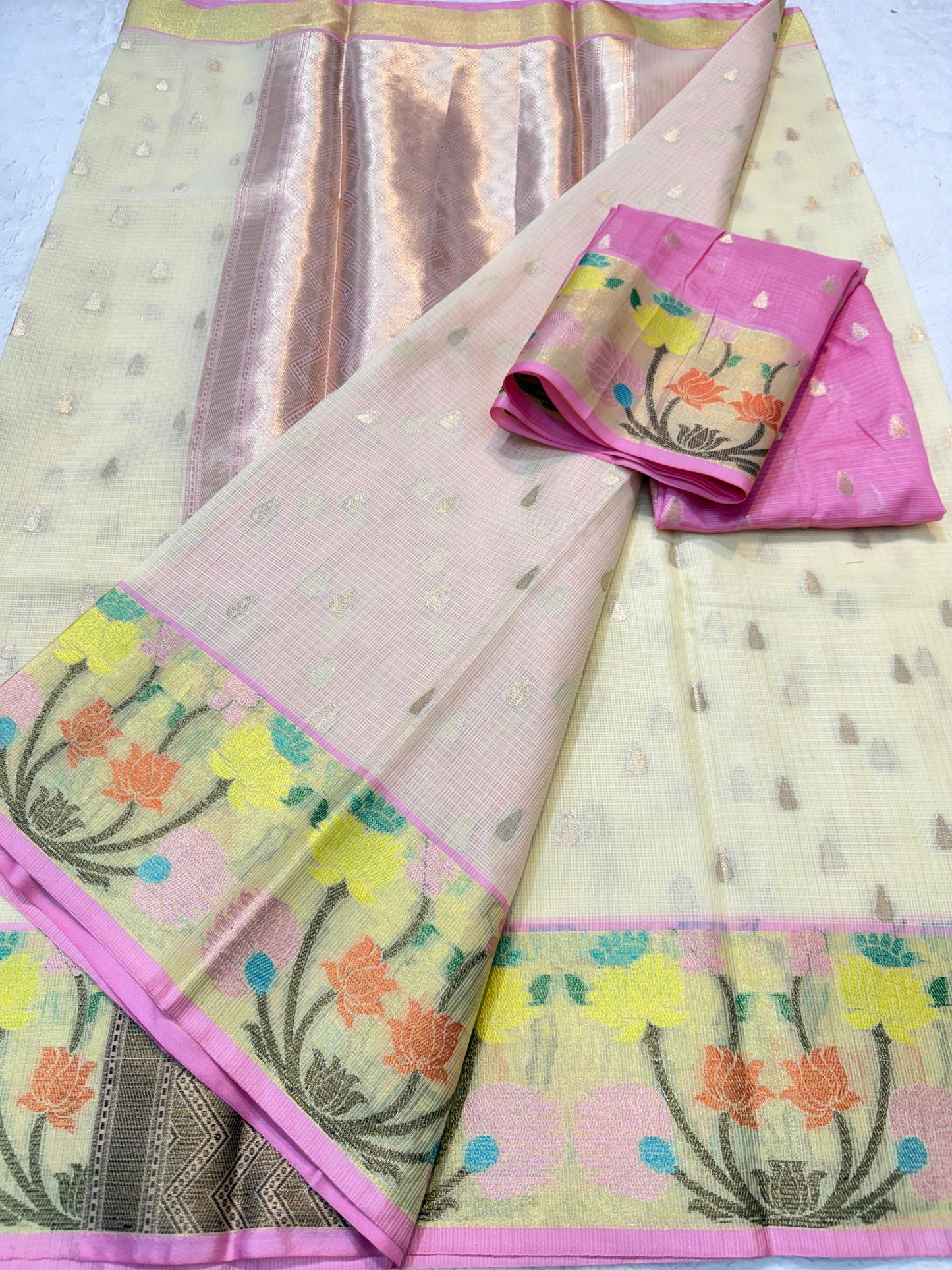 Pista Green Cotton Kota Paithani Border Premium Banarasi Saree