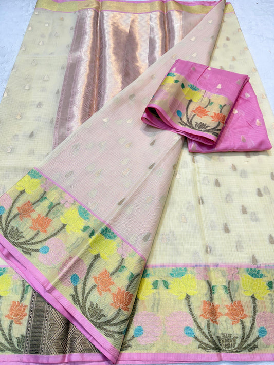 Pista Green Cotton Kota Paithani Border Premium Banarasi Saree