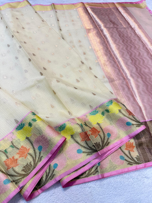 Pista Green Cotton Kota Paithani Border Premium Banarasi Saree