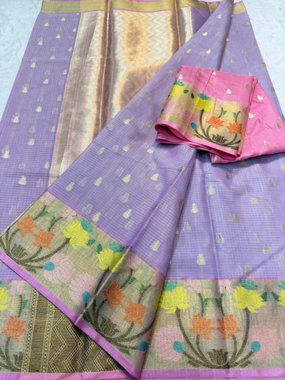 Lovender Cotton Kota Paithani Border Premium Banarasi Saree