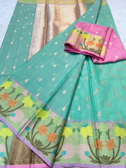 Green Cotton Kota Paithani Border Premium Banarasi Saree