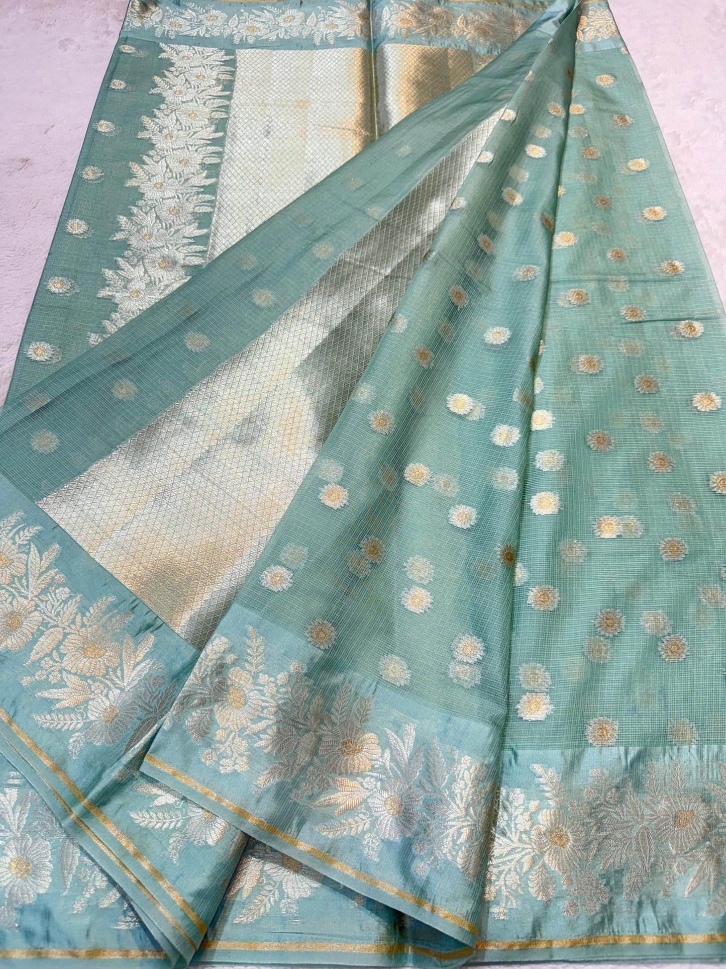 Mint Green Cotton Kota Premium Banarasi Saree