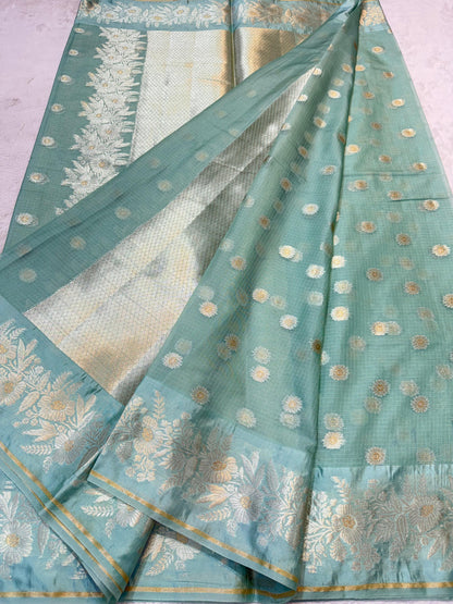 Mint Green Cotton Kota Premium Banarasi Saree