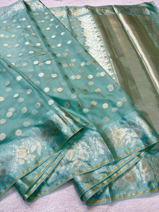 Mint Green Cotton Kota Premium Banarasi Saree