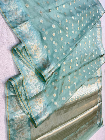 Mint Green Cotton Kota Premium Banarasi Saree