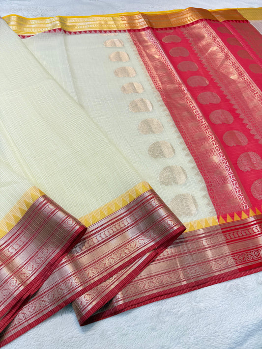 White Red Cotton Kota Ganga Jamuna Border Banarasi Saree