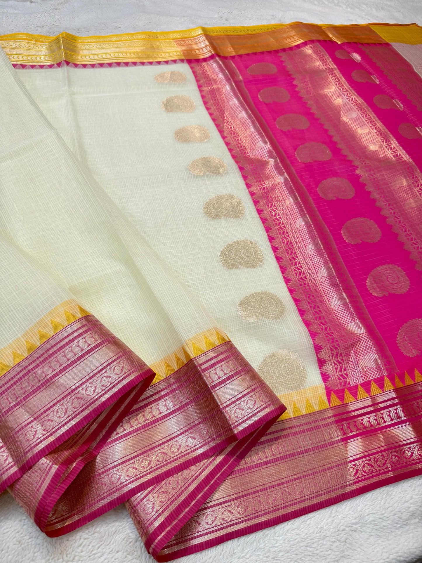 White Rani Cotton Kota Ganga Jamuna Border Banarasi Saree