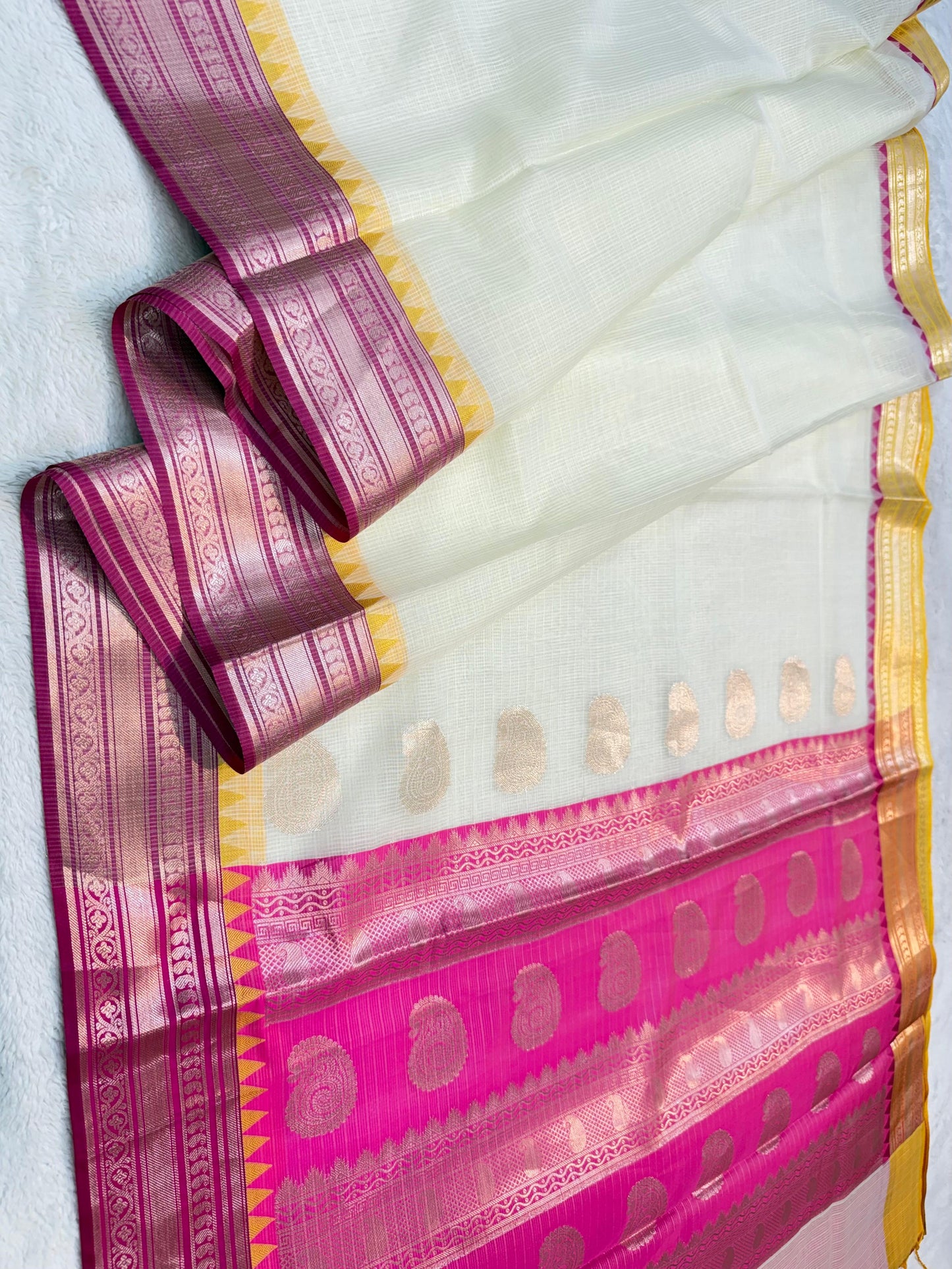 White Rani Cotton Kota Ganga Jamuna Border Banarasi Saree