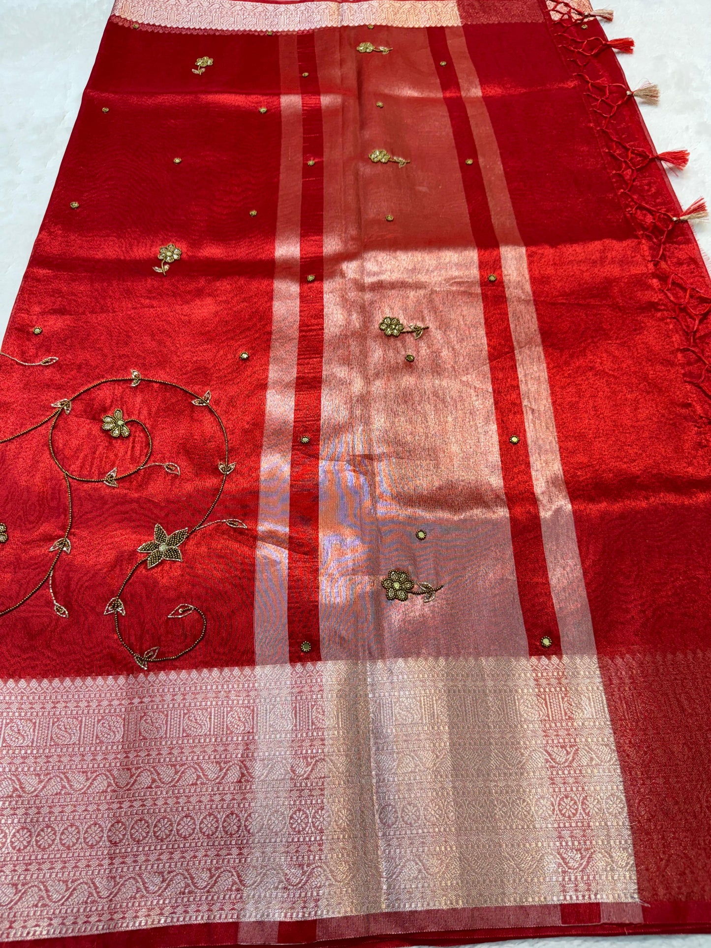 Red Tissue Designer Handwork Premium Banarasi Silk Saree