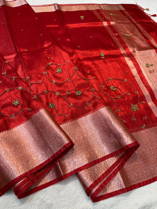 Red Tissue Designer Handwork Premium Banarasi Silk Saree