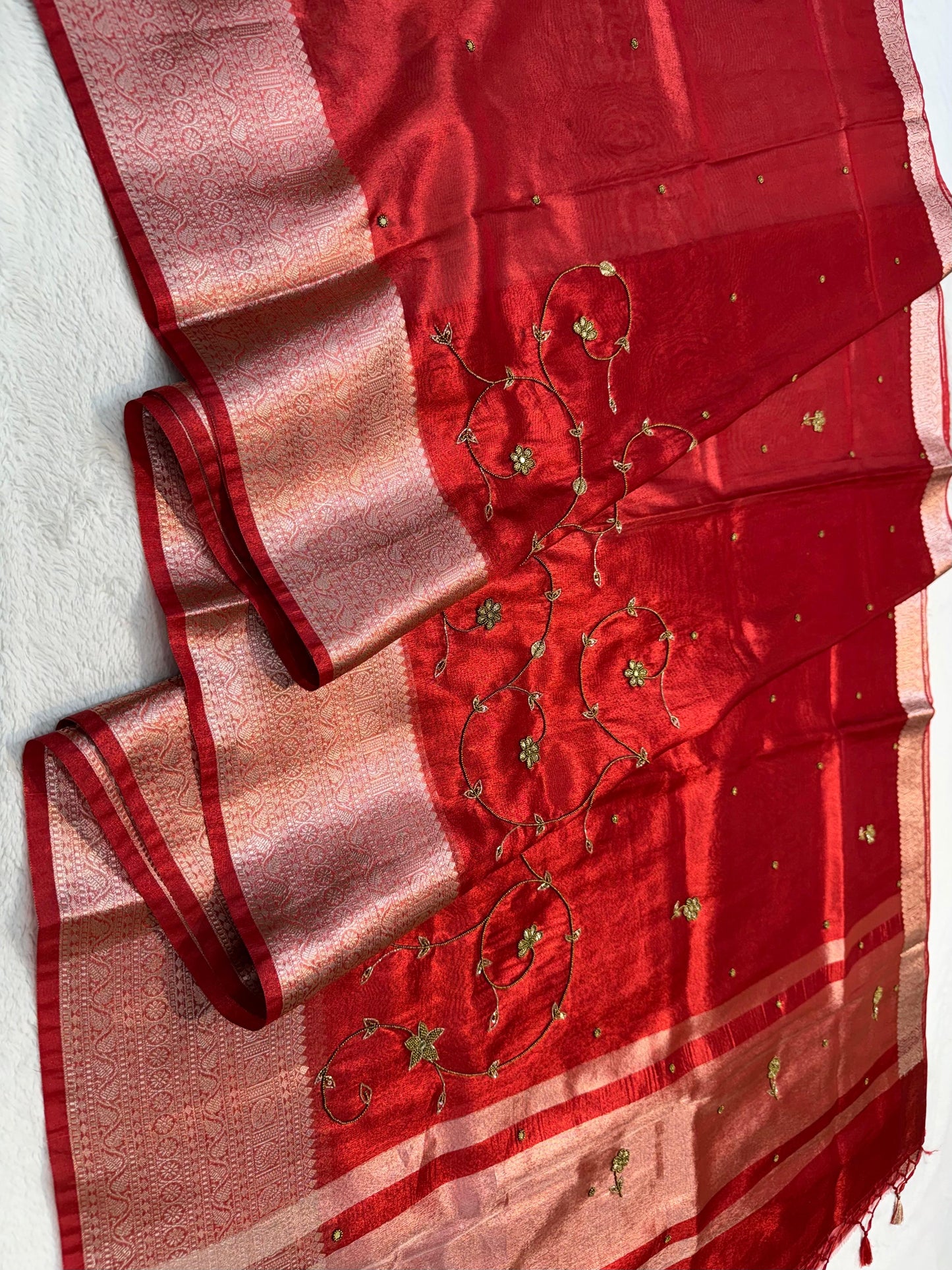 Red Tissue Designer Handwork Premium Banarasi Silk Saree