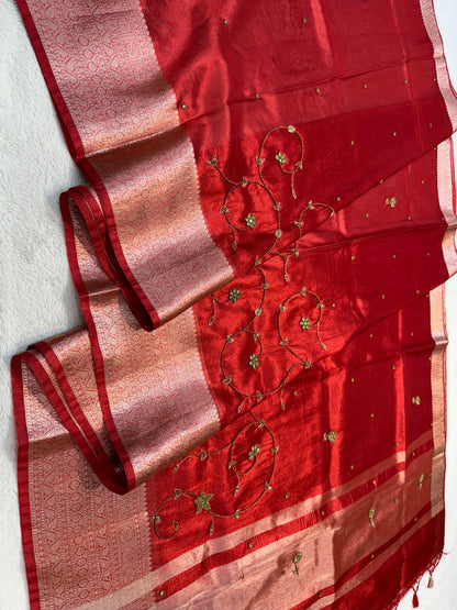 Red Tissue Designer Handwork Premium Banarasi Silk Saree