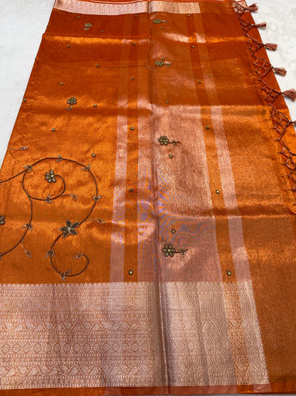 Orange Tissue Designer Handwork Premium Banarasi Silk Saree