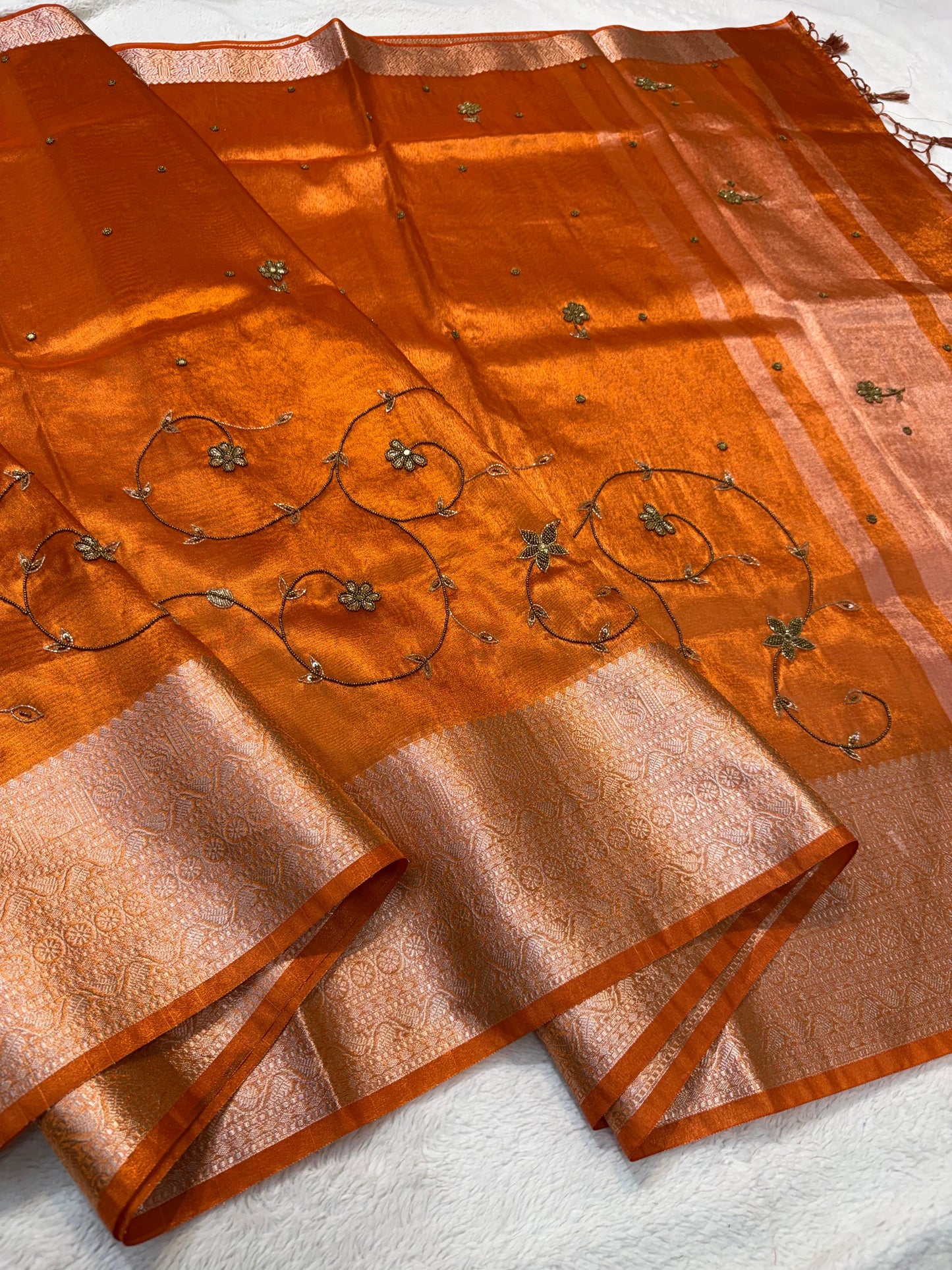 Orange Tissue Designer Handwork Premium Banarasi Silk Saree