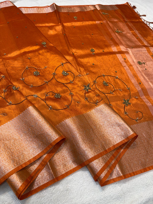 Orange Tissue Designer Handwork Premium Banarasi Silk Saree