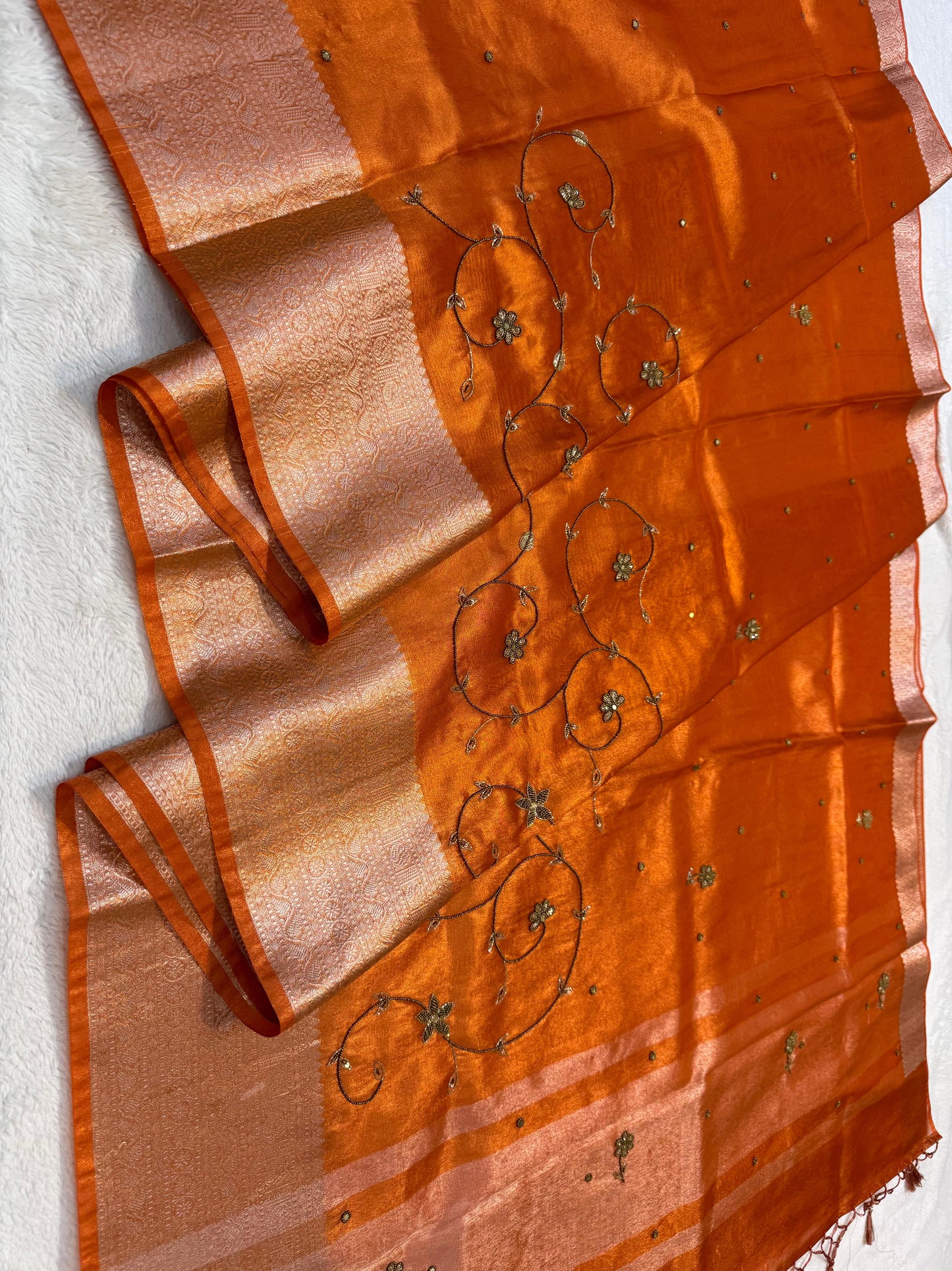 Orange Tissue Designer Handwork Premium Banarasi Silk Saree