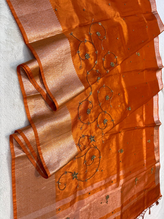 Orange Tissue Designer Handwork Premium Banarasi Silk Saree