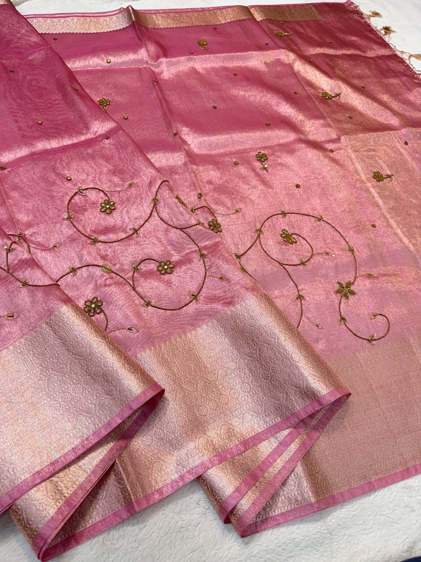 Pink Tissue Designer Handwork Premium Banarasi Silk Saree