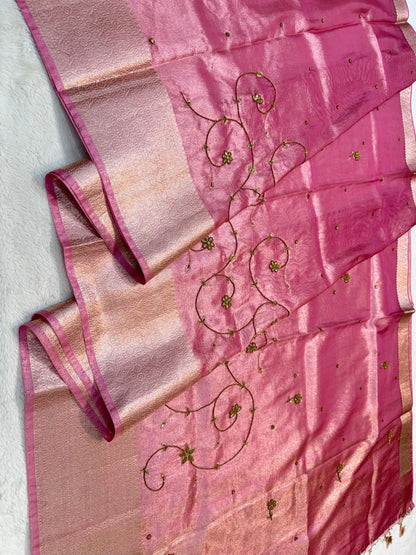 Pink Tissue Designer Handwork Premium Banarasi Silk Saree