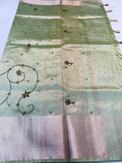 Pista Green Tissue Designer Handwork Premium Banarasi Silk Saree