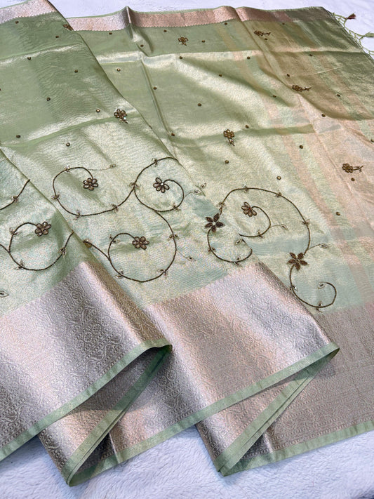 Pista Green Tissue Designer Handwork Premium Banarasi Silk Saree