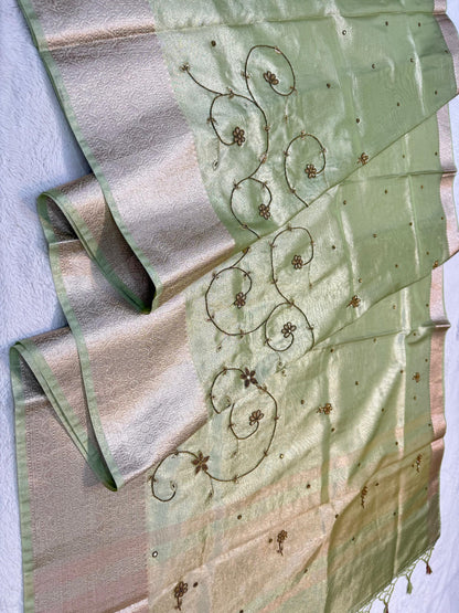 Pista Green Tissue Designer Handwork Premium Banarasi Silk Saree