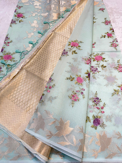 Aquamarine Cotton Kota Designer Embroidery Premium Banarasi Saree