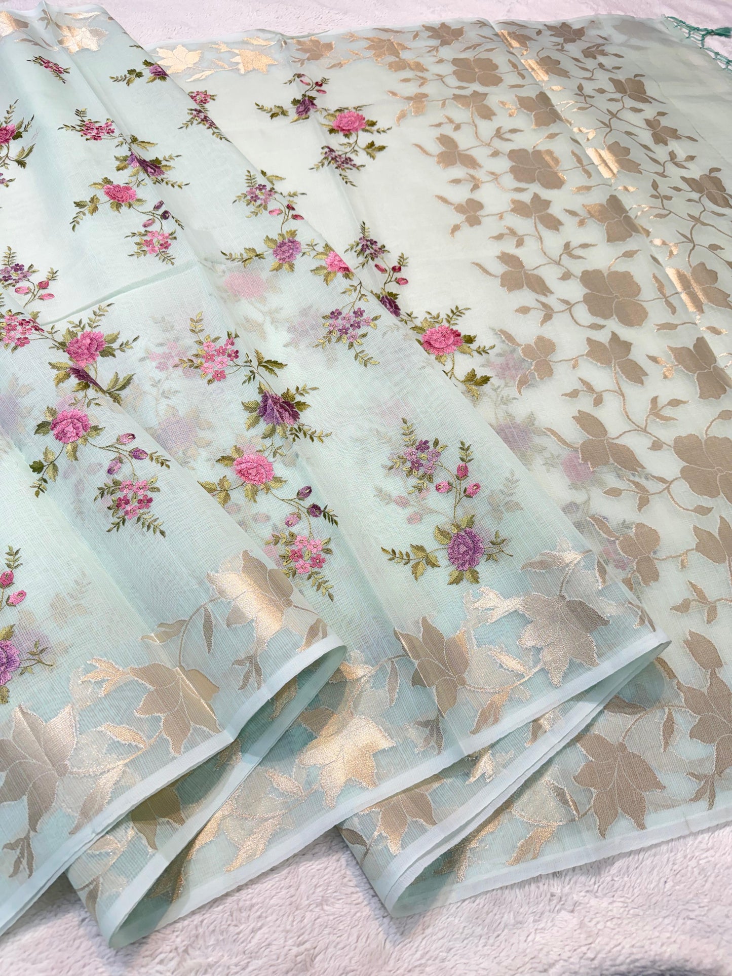 Aquamarine Cotton Kota Designer Embroidery Premium Banarasi Saree