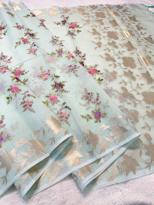 Aquamarine Cotton Kota Designer Embroidery Premium Banarasi Saree
