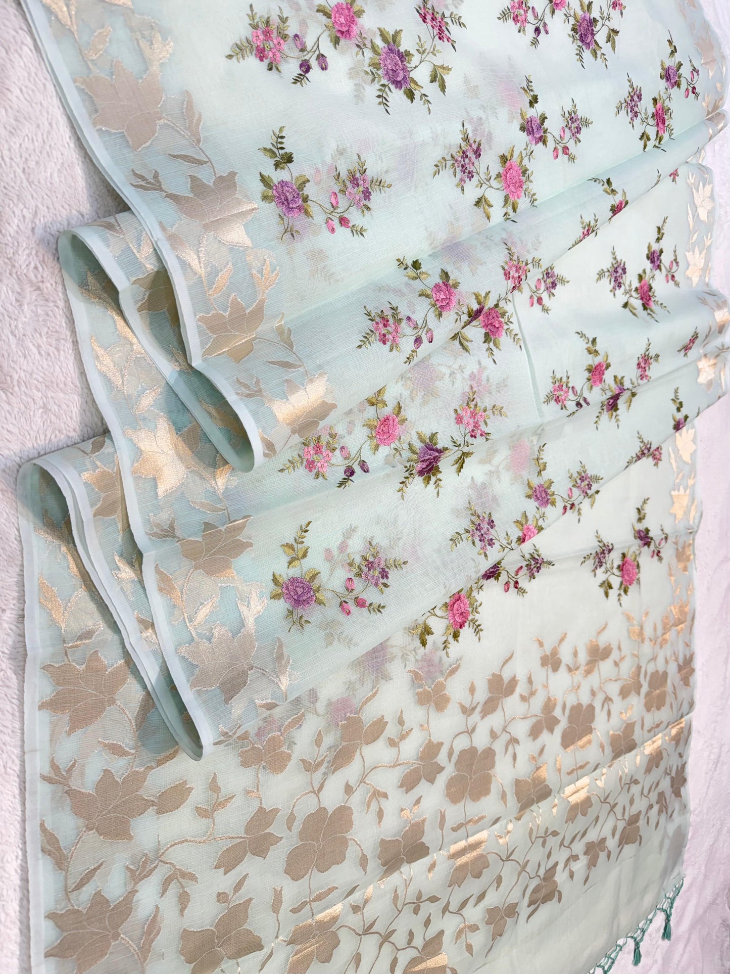 Aquamarine Cotton Kota Designer Embroidery Premium Banarasi Saree