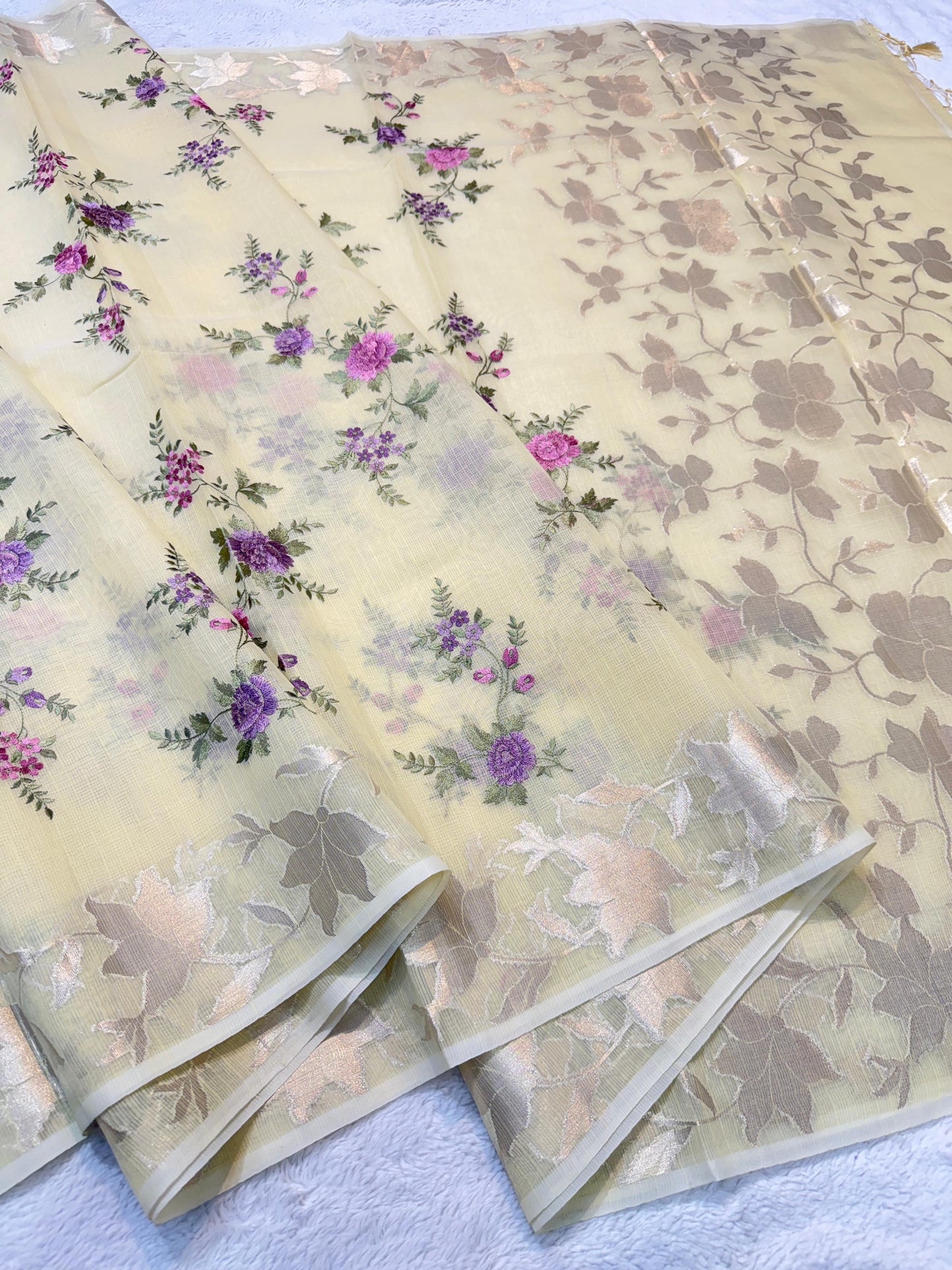 Gold Cotton Kota Designer Embroidery Premium Banarasi Saree