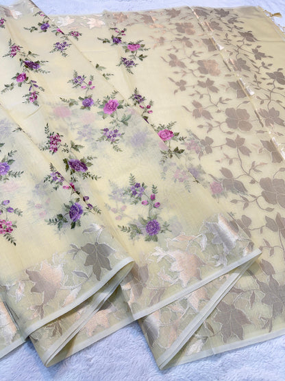 Gold Cotton Kota Designer Embroidery Premium Banarasi Saree