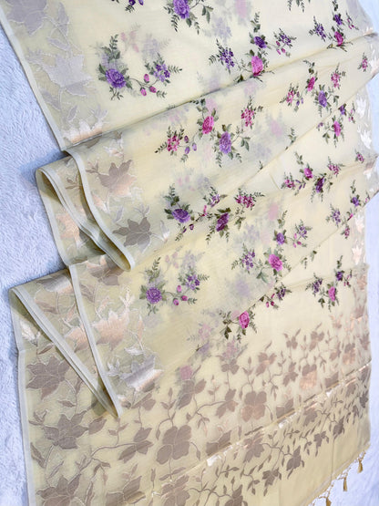 Gold Cotton Kota Designer Embroidery Premium Banarasi Saree