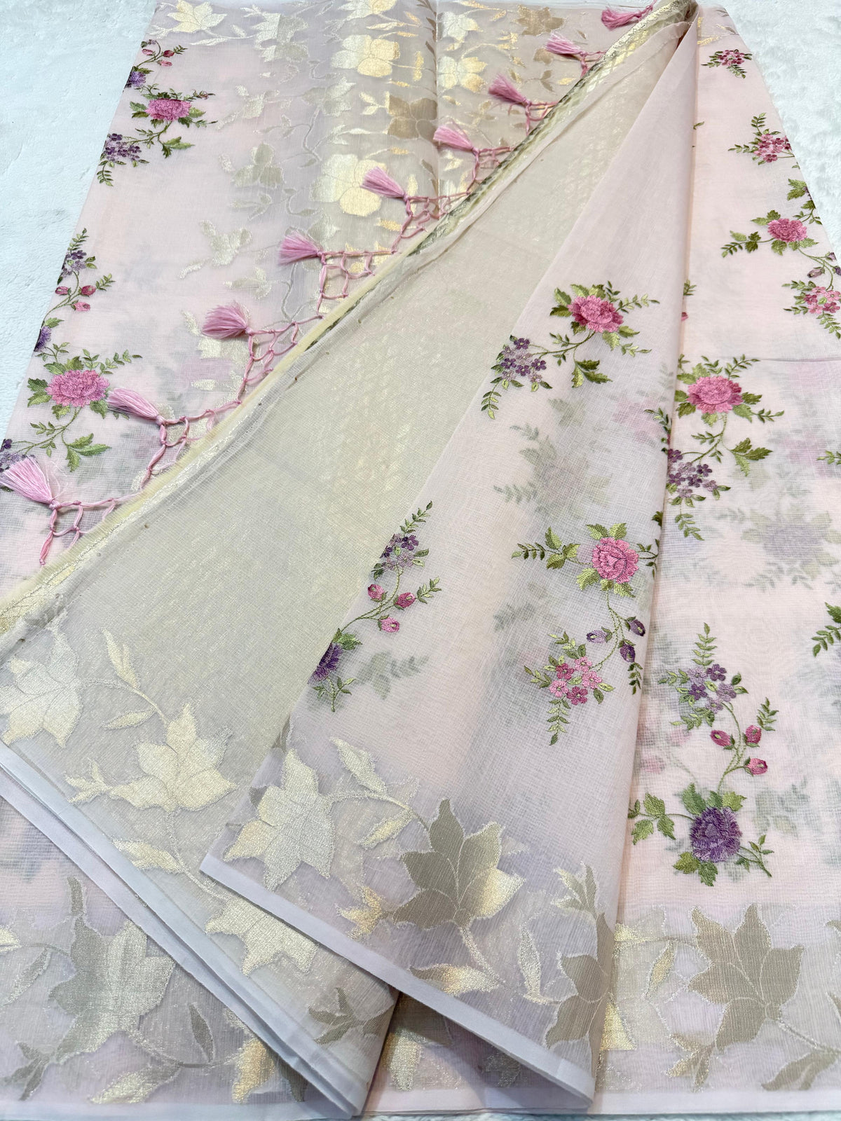 Pink Cotton Kota Designer Embroidery Premium Banarasi Saree