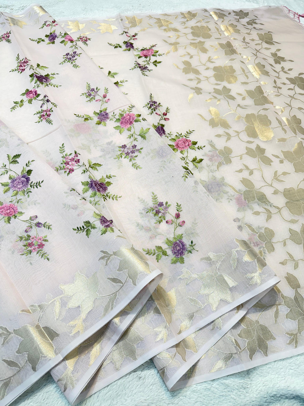 Pink Cotton Kota Designer Embroidery Premium Banarasi Saree