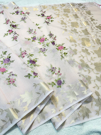 Pink Cotton Kota Designer Embroidery Premium Banarasi Saree