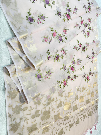 Pink Cotton Kota Designer Embroidery Premium Banarasi Saree