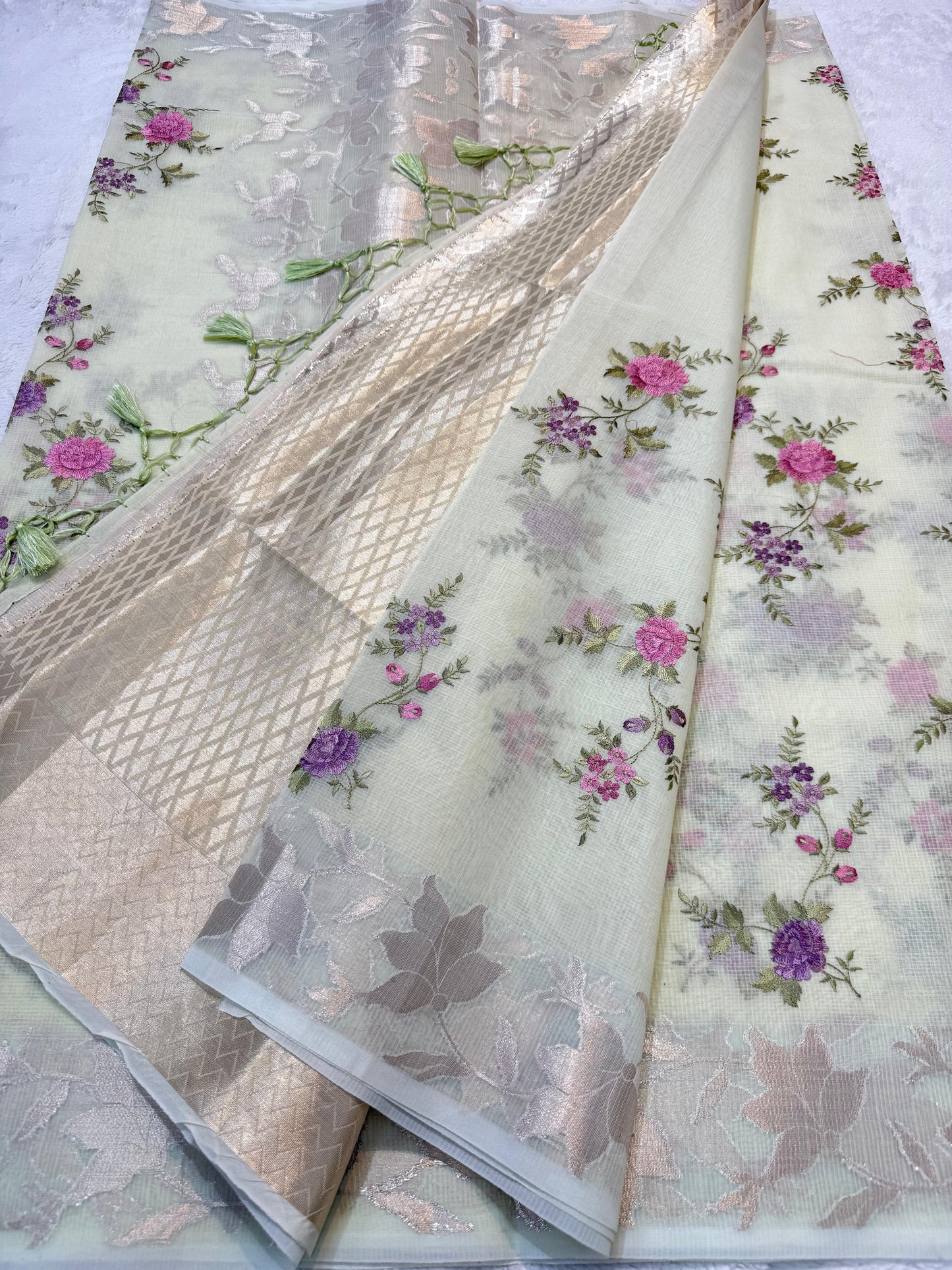 Pista Green Cotton Kota Designer Embroidery Premium Banarasi Saree