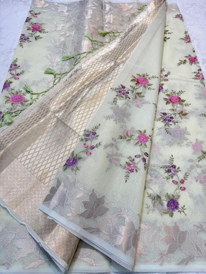 Pista Green Cotton Kota Designer Embroidery Premium Banarasi Saree