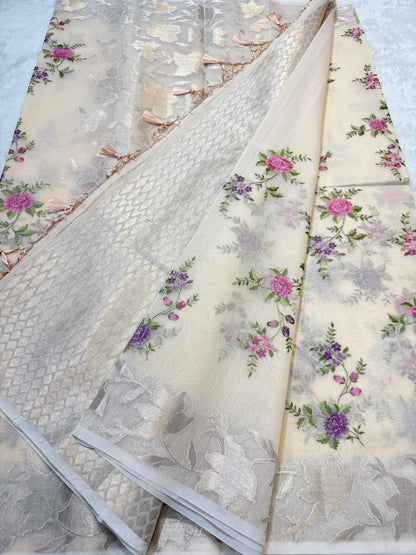 Peach  Cotton Kota Designer Embroidery Premium Banarasi Saree